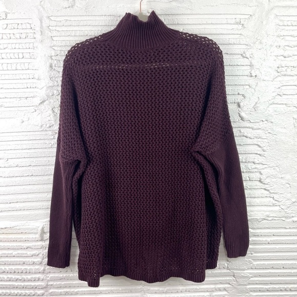 LOFT Camel Cotton Blend Loose Chunky Knit Mock Neck Sweater Tunic Wine Color M - Picture 8 of 13